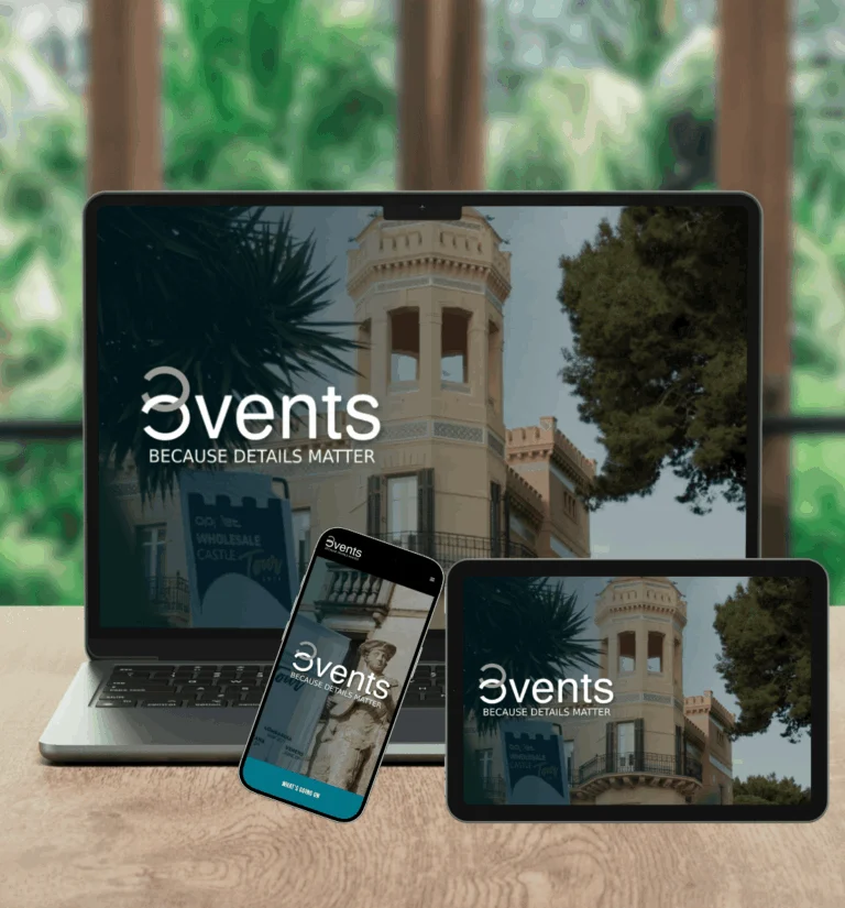 Immagine chce mostra la realizzazione del sito web 3vents S.r.l., un'azienda che organizza eventi in location spettacolari